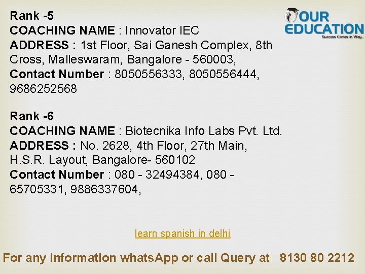 Rank -5 COACHING NAME : Innovator IEC ADDRESS : 1 st Floor, Sai Ganesh