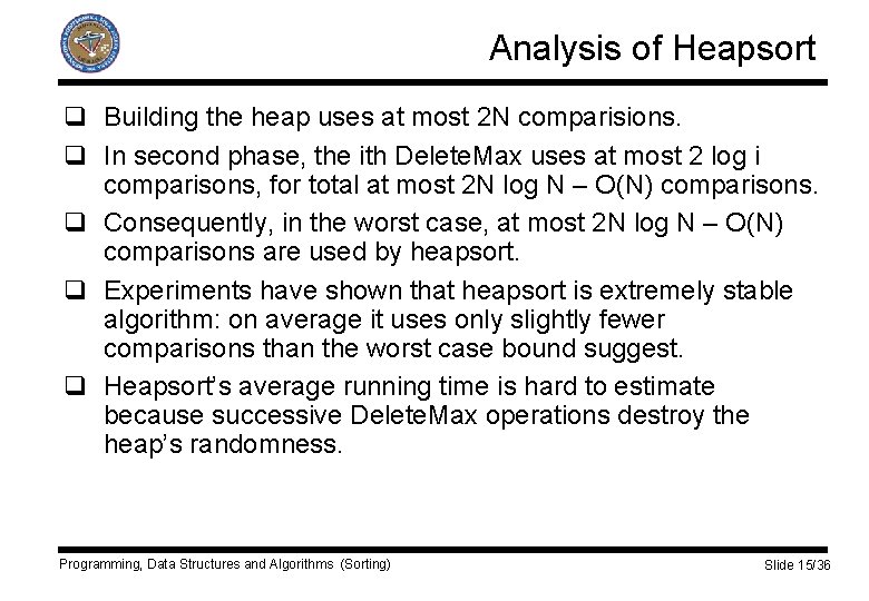 Analysis of Heapsort q Building the heap uses at most 2 N comparisions. q