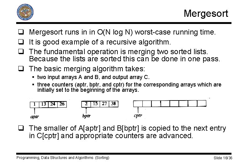 Mergesort q Mergesort runs in in O(N log N) worst-case running time. q It