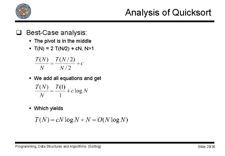 Analysis of Quicksort q Best-Case analysis: § The pivot is in the middle §