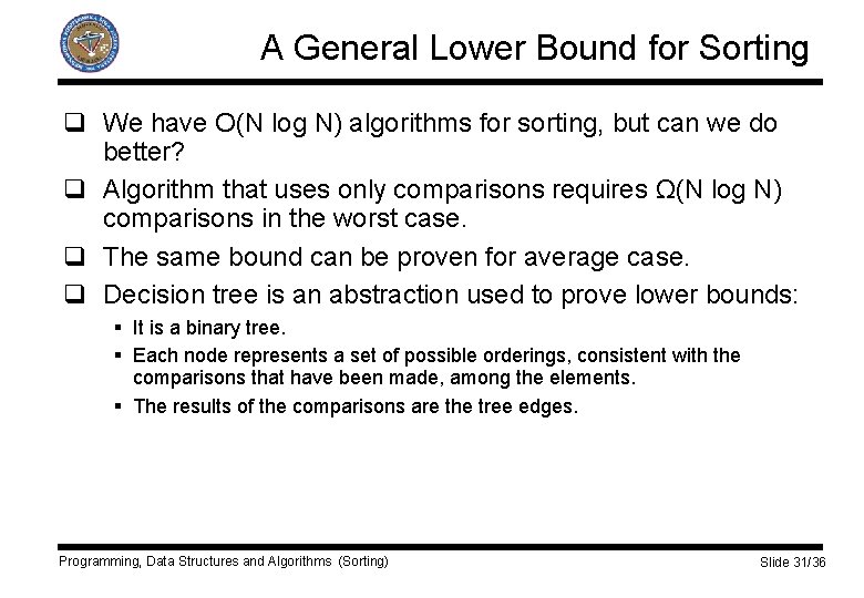 A General Lower Bound for Sorting q We have O(N log N) algorithms for