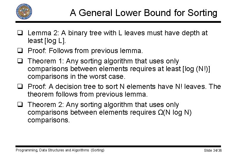 A General Lower Bound for Sorting q Lemma 2: A binary tree with L