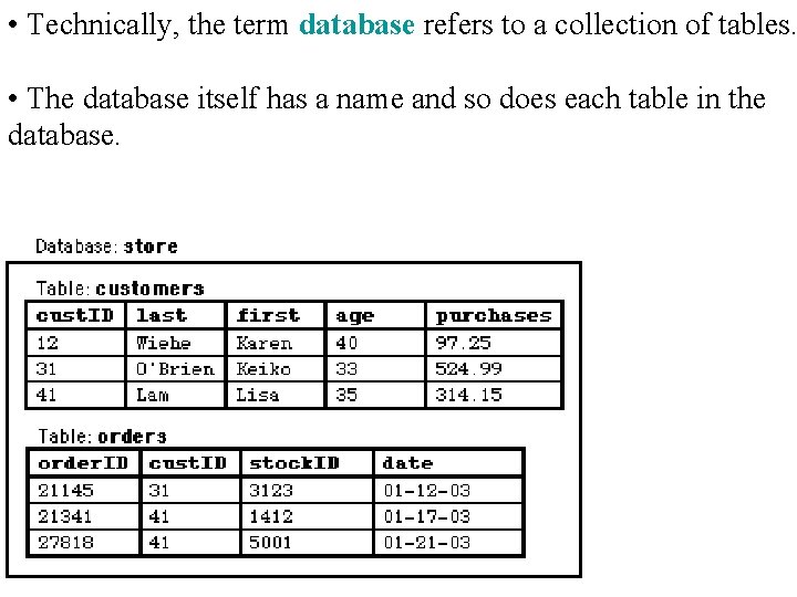  • Technically, the term database refers to a collection of tables. • The