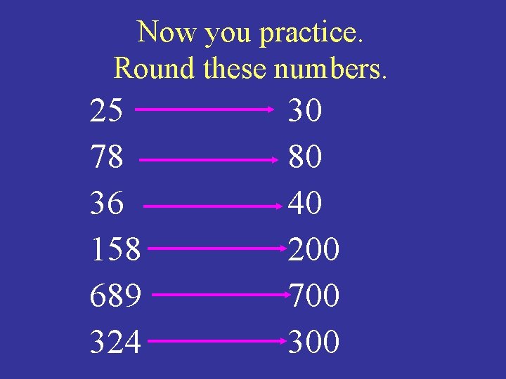 Now you practice. Round these numbers. 25 78 36 158 689 324 30 80