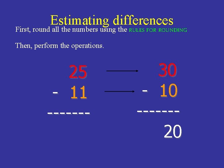 Estimating differences First, round all the numbers using the RULES FOR ROUNDING Then, perform