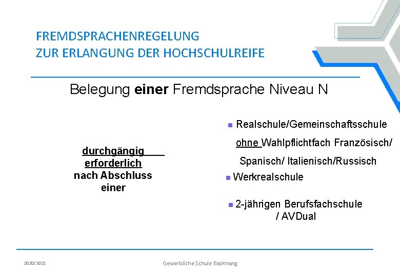 FREMDSPRACHENREGELUNG ZUR ERLANGUNG DER HOCHSCHULREIFE Belegung einer Fremdsprache Niveau N n durchgängig erforderlich nach