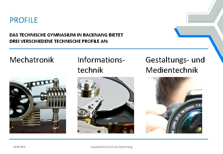 PROFILE DAS TECHNISCHE GYMNASIUM IN BACKNANG BIETET DREI VERSCHIEDENE TECHNISCHE PROFILE AN: Mechatronik 2020/2021