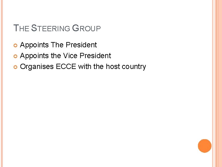 THE STEERING GROUP Appoints The President Appoints the Vice President Organises ECCE with the