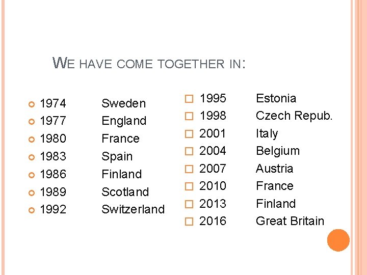 WE HAVE COME TOGETHER IN: 1974 1977 1980 1983 1986 1989 1992 Sweden England