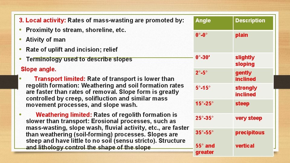 3. Local activity: Rates of mass-wasting are promoted by: • • Proximity to stream,