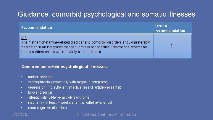 Giudance: comorbid psychological and somatic illnesses Level of recommendation Recommendation 6 -4 The methamphetamine-related
