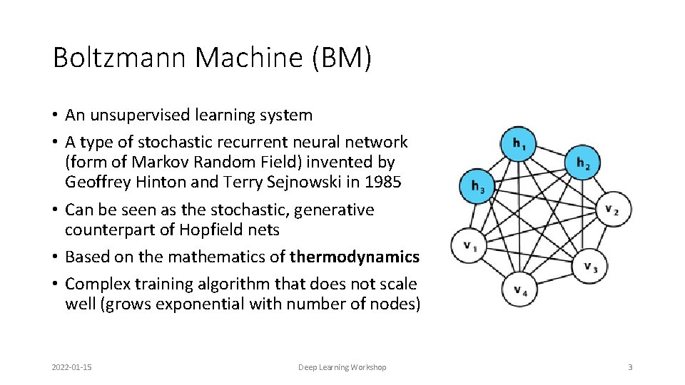 Boltzmann Machine (BM) • An unsupervised learning system • A type of stochastic recurrent