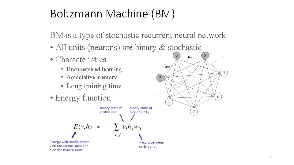 Boltzmann Machine (BM) BM is a type of stochastic recurrent neural network • All