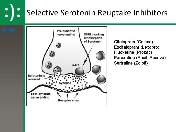 Selective Serotonin Reuptake Inhibitors Outline Citalopram (Celexa) Escitalopram (Lexapro) Fluoxetine (Prozac) Paroxetine (Paxil, Pexeva)