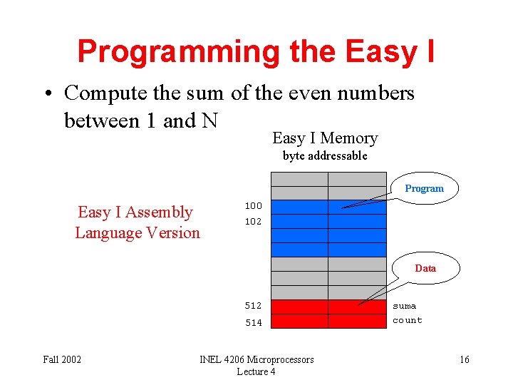 Programming the Easy I • Compute the sum of the even numbers between 1