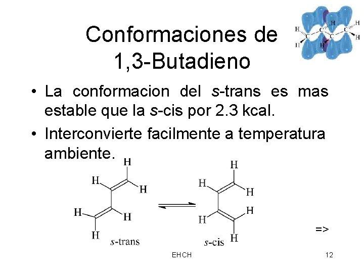 Conformaciones de 1, 3 -Butadieno • La conformacion del s-trans es mas estable que