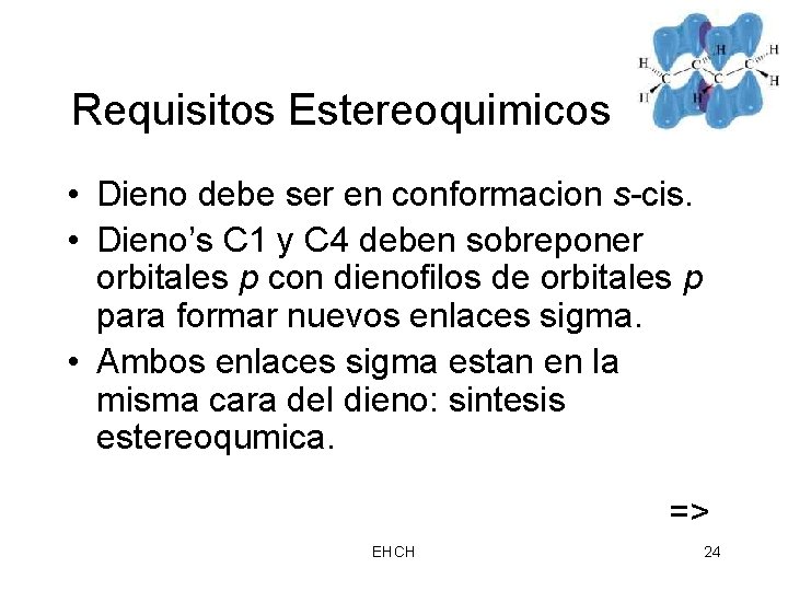 Requisitos Estereoquimicos • Dieno debe ser en conformacion s-cis. • Dieno’s C 1 y