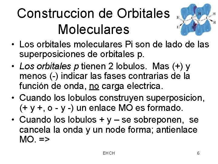 Construccion de Orbitales Moleculares • Los orbitales moleculares Pi son de lado de las