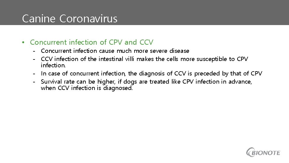 Canine Coronavirus • Concurrent infection of CPV and CCV - Concurrent infection cause much
