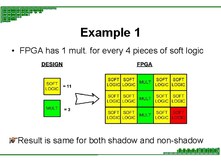 Example 1 • FPGA has 1 mult. for every 4 pieces of soft logic
