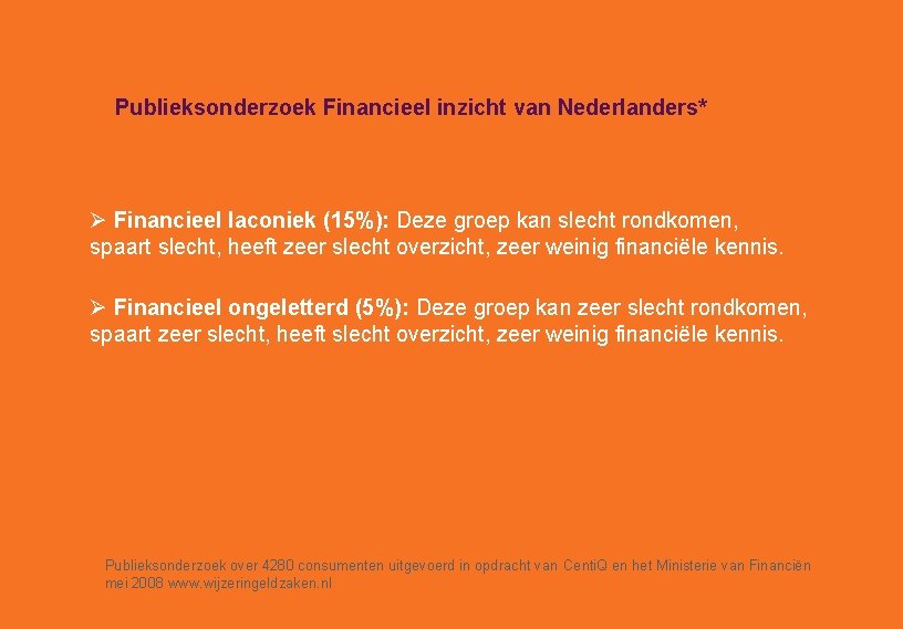 Publieksonderzoek Financieel inzicht van Nederlanders* Ø Financieel laconiek (15%): Deze groep kan slecht rondkomen,