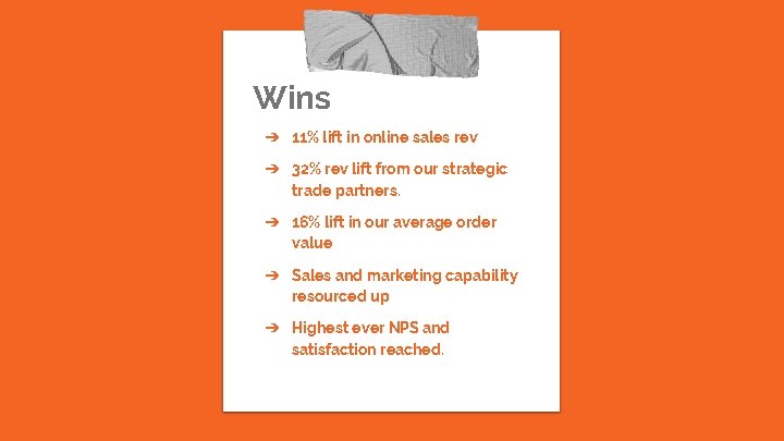 Wins ➔ 11% lift in online sales rev ➔ 32% rev lift from our