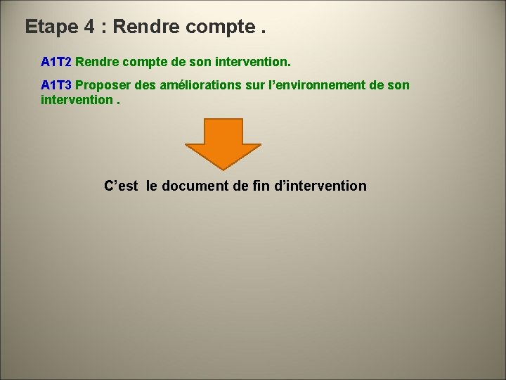 Etape 4 : Rendre compte. A 1 T 2 Rendre compte de son intervention.