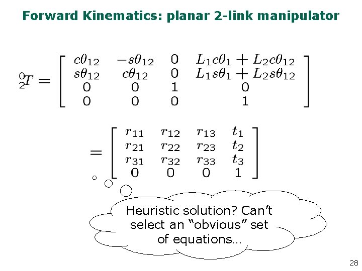 Forward Kinematics: planar 2 -link manipulator Heuristic solution? Can’t select an “obvious” set of