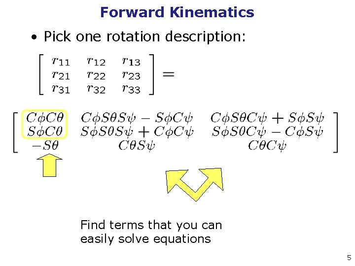 Forward Kinematics • Pick one rotation description: Find terms that you can easily solve