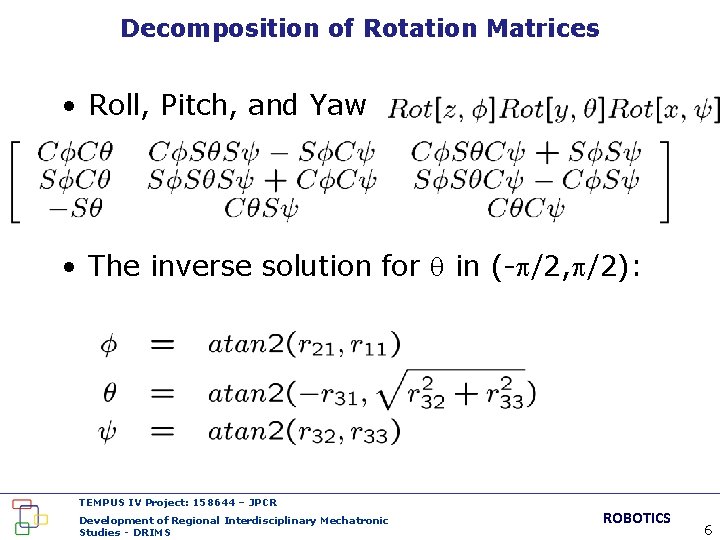 Decomposition of Rotation Matrices • Roll, Pitch, and Yaw • The inverse solution for