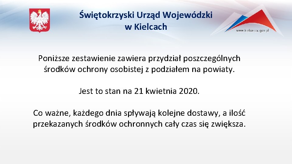 Świętokrzyski Urząd Wojewódzki w Kielcach Poniższe zestawienie zawiera przydział poszczególnych środków ochrony osobistej z