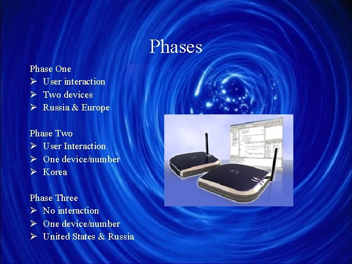 Phases Phase One Ø User interaction Ø Two devices Ø Russia & Europe Phase