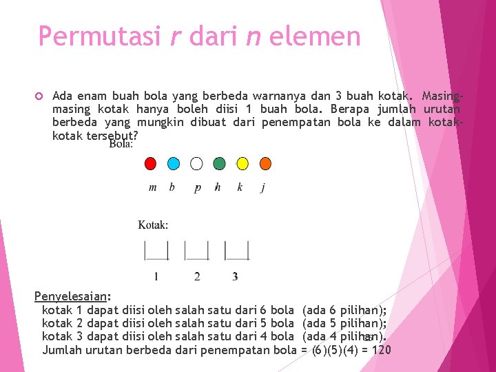 Permutasi r dari n elemen Ada enam buah bola yang berbeda warnanya dan 3