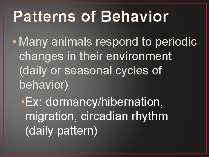 Patterns of Behavior • Many animals respond to periodic changes in their environment (daily