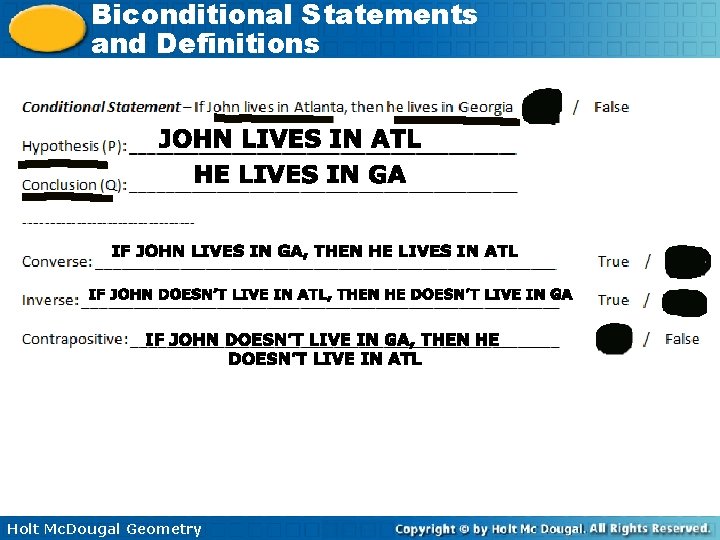 Biconditional Statements and Definitions Holt Mc. Dougal Geometry 