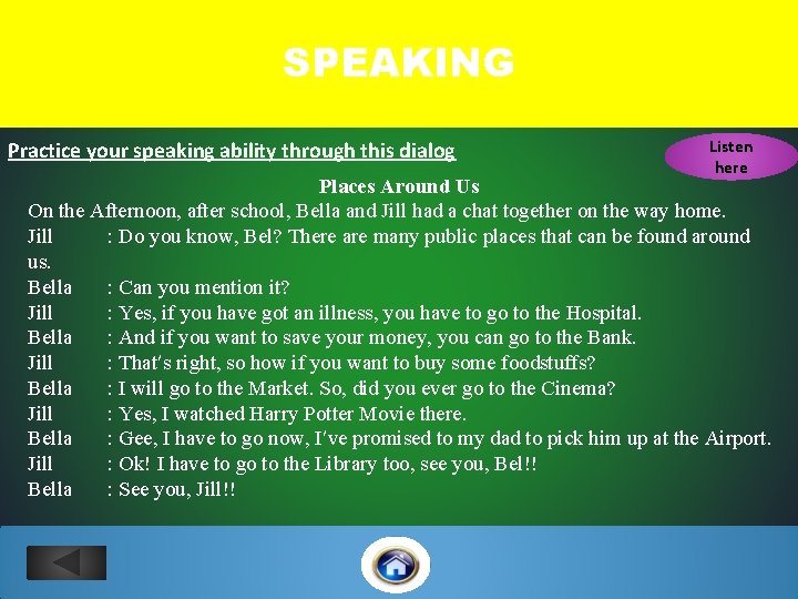 SPEAKING Practice your speaking ability through this dialog Listen here Places Around Us On