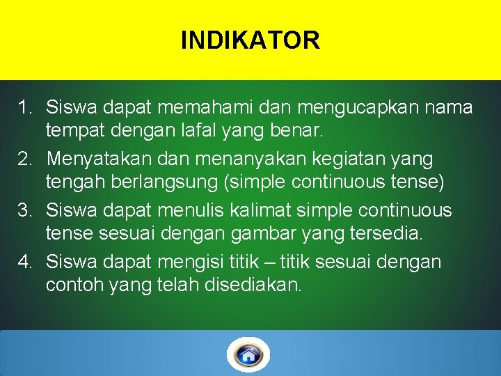 INDIKATOR 1. Siswa dapat memahami dan mengucapkan nama tempat dengan lafal yang benar. 2.