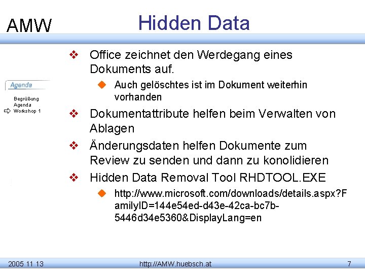 AMW Hidden Data v Office zeichnet den Werdegang eines Dokuments auf. Begrüßung Agenda Workshop