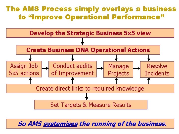 The AMS Process simply overlays a business to “Improve Operational Performance” Develop the strategic