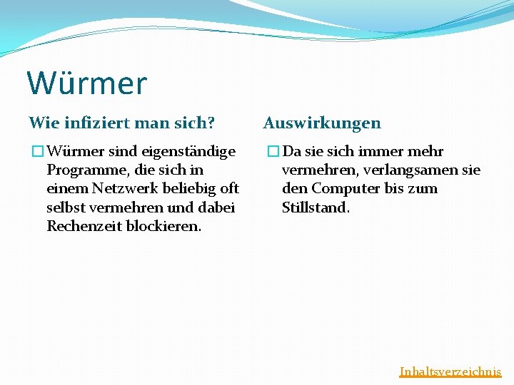 Würmer Wie infiziert man sich? Auswirkungen �Würmer sind eigenständige Programme, die sich in einem