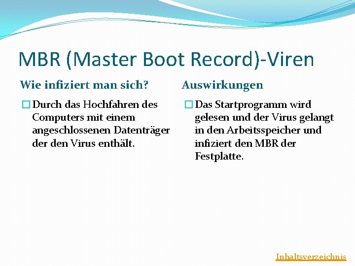 MBR (Master Boot Record)-Viren Wie infiziert man sich? Auswirkungen �Durch das Hochfahren des Computers