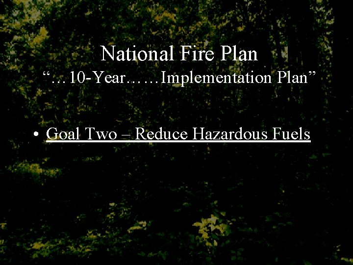 National Fire Plan “… 10 -Year……Implementation Plan” • Goal Two – Reduce Hazardous Fuels