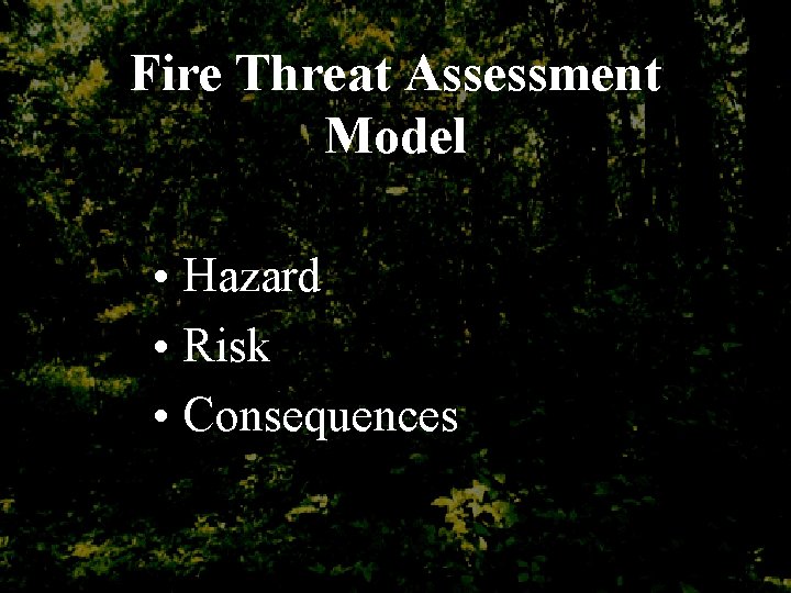 Fire Threat Assessment Model • Hazard • Risk • Consequences 