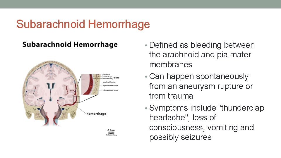 Subarachnoid Hemorrhage • Defined as bleeding between the arachnoid and pia mater membranes •