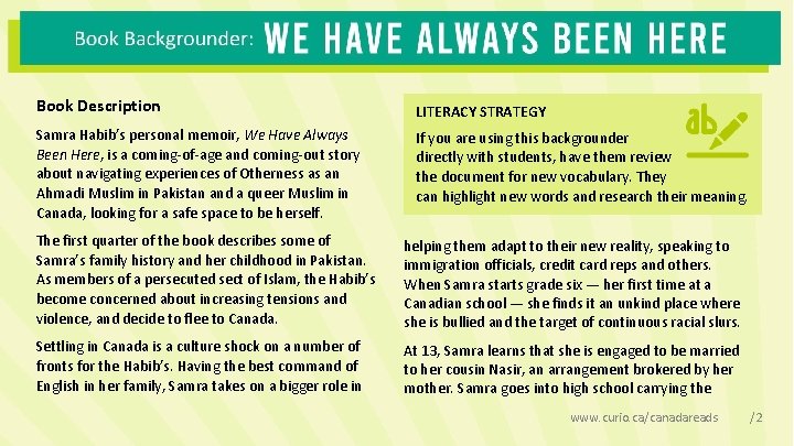 Book Description LITERACY STRATEGY Samra Habib’s personal memoir, We Have Always Been Here, is