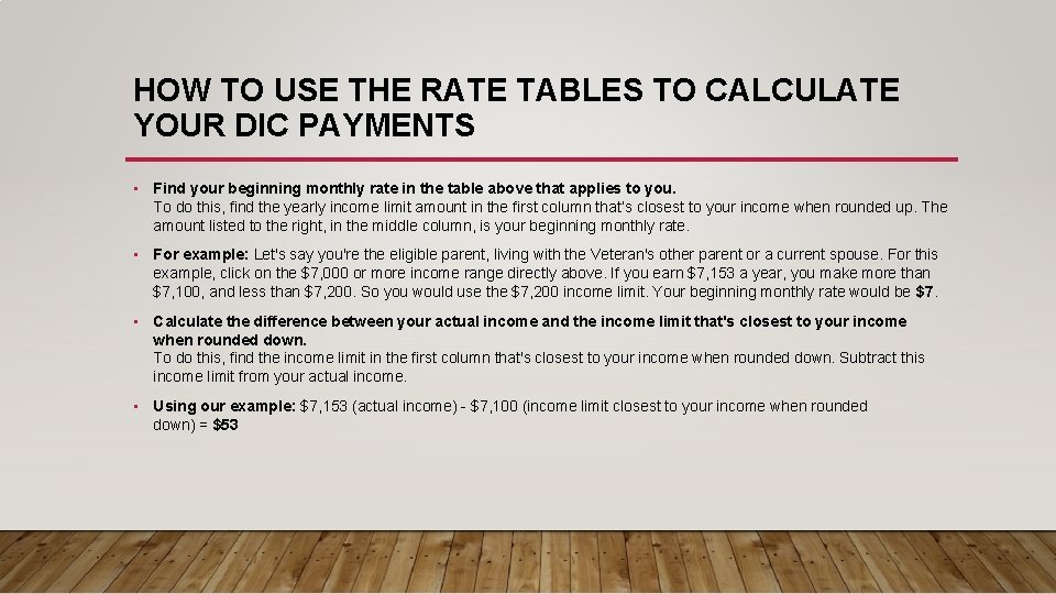 HOW TO USE THE RATE TABLES TO CALCULATE YOUR DIC PAYMENTS • Find your