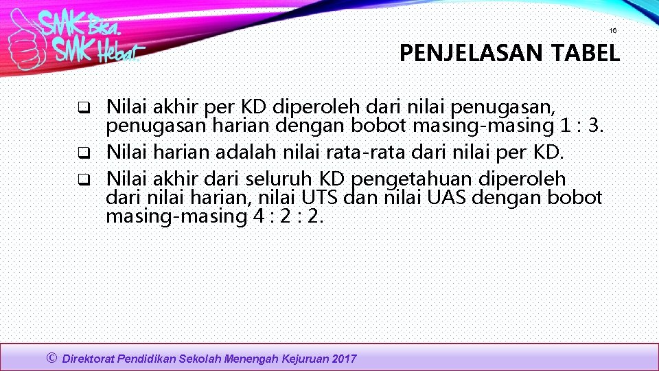 16 PENJELASAN TABEL Nilai akhir per KD diperoleh dari nilai penugasan, penugasan harian dengan