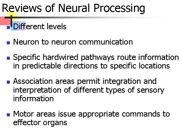 Reviews of Neural Processing n Different levels n Neuron to neuron communication n Specific