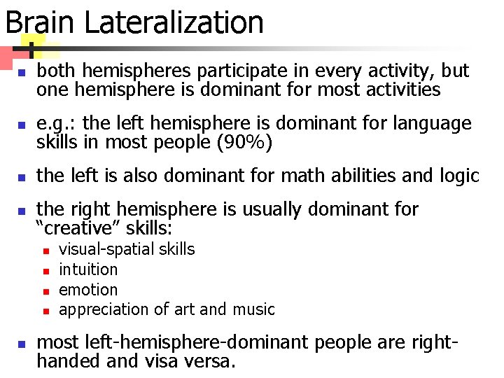 Brain Lateralization n both hemispheres participate in every activity, but one hemisphere is dominant