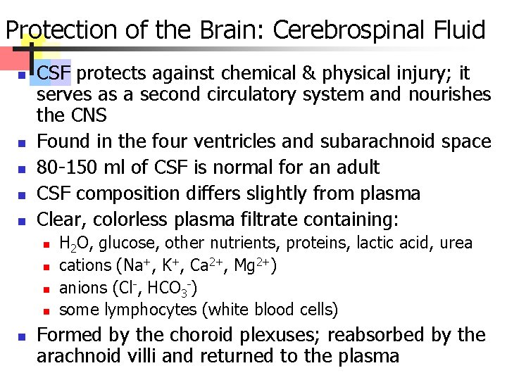 Protection of the Brain: Cerebrospinal Fluid n n n CSF protects against chemical &